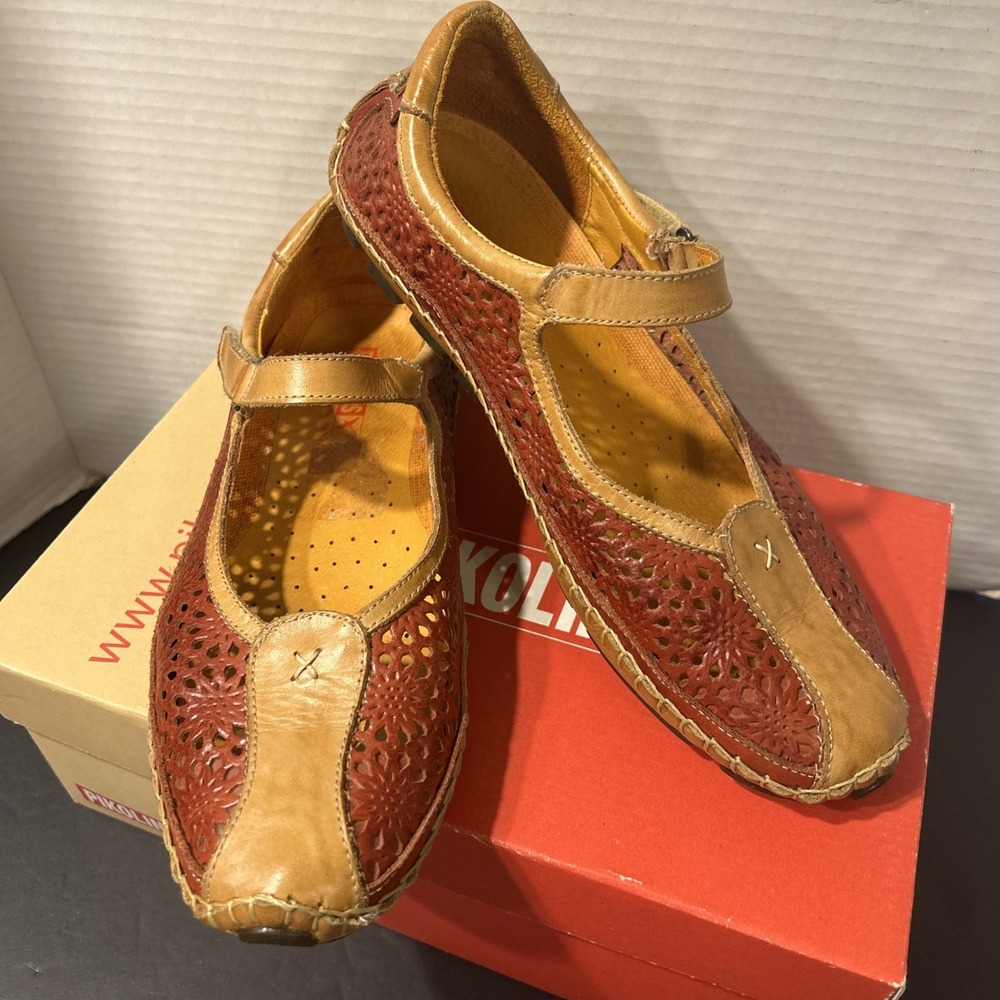 PIKOLINOS Sandia Mary Jane Red Tan Size 39 Leather Flats Women's Shoes In Box